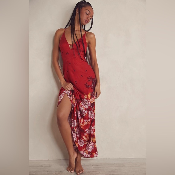 Free People Get To You Printed Maxi Floral Slip Dress Scarlet Combo - Small NWT - Picture 5 of 16